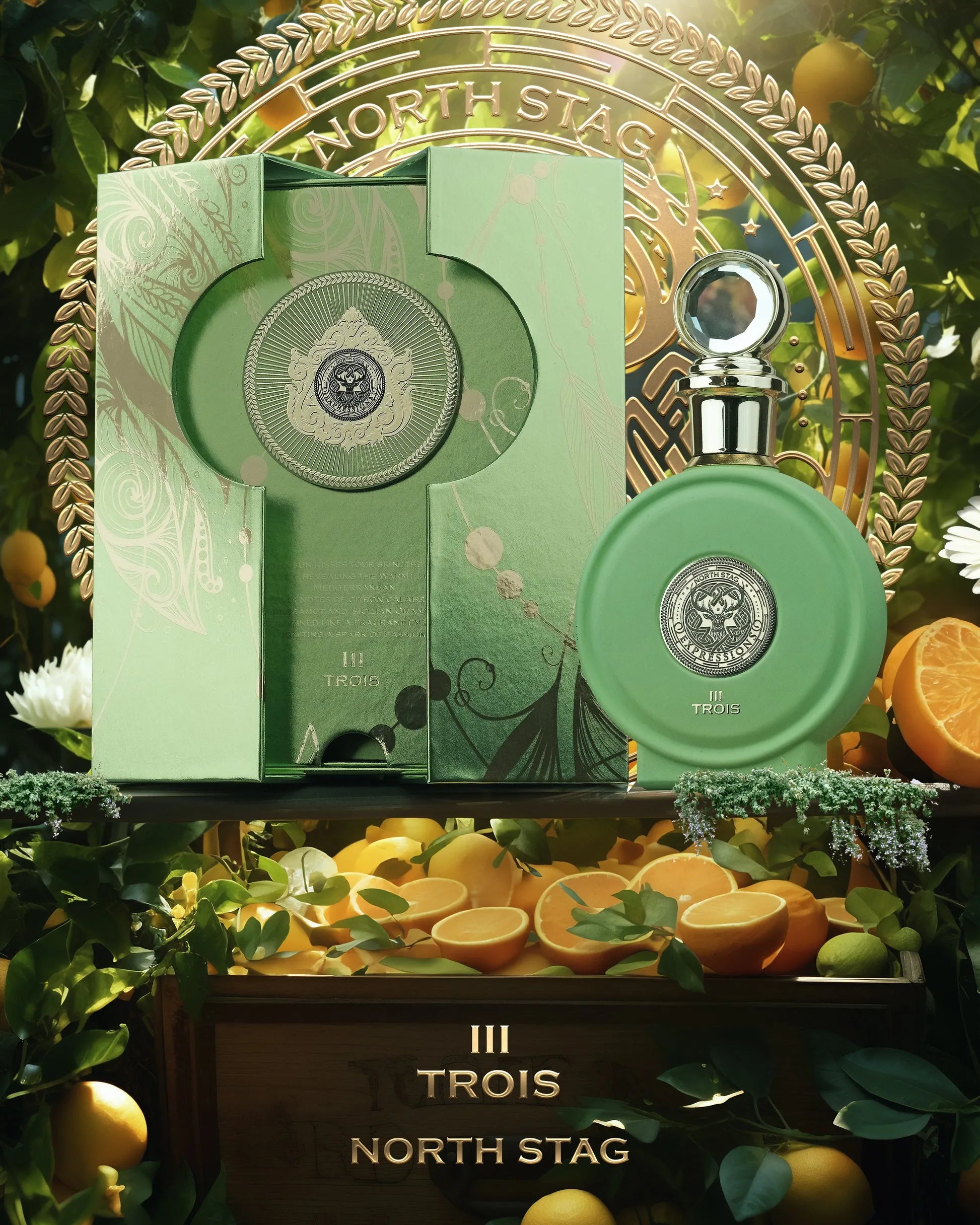 North Stag Trois III perfume with citron, bergamot, neroli, ginger, black tea, and woody spice
